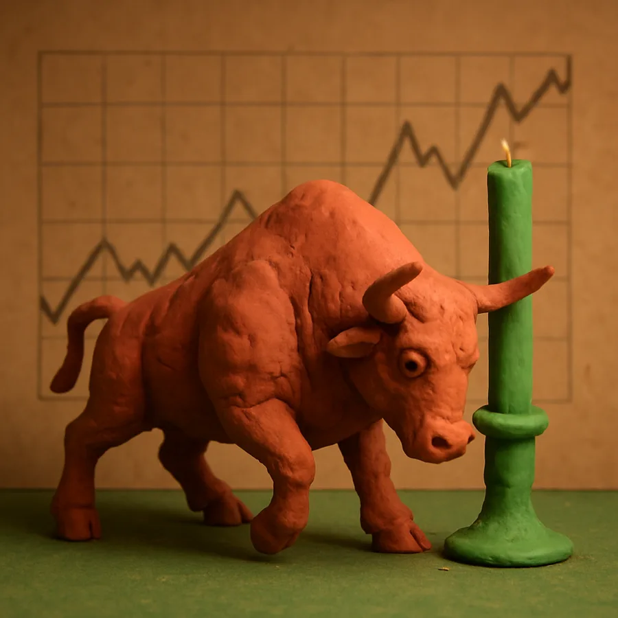 Clay bull with his horns against a tall green clay candle, cardboard chart behind him