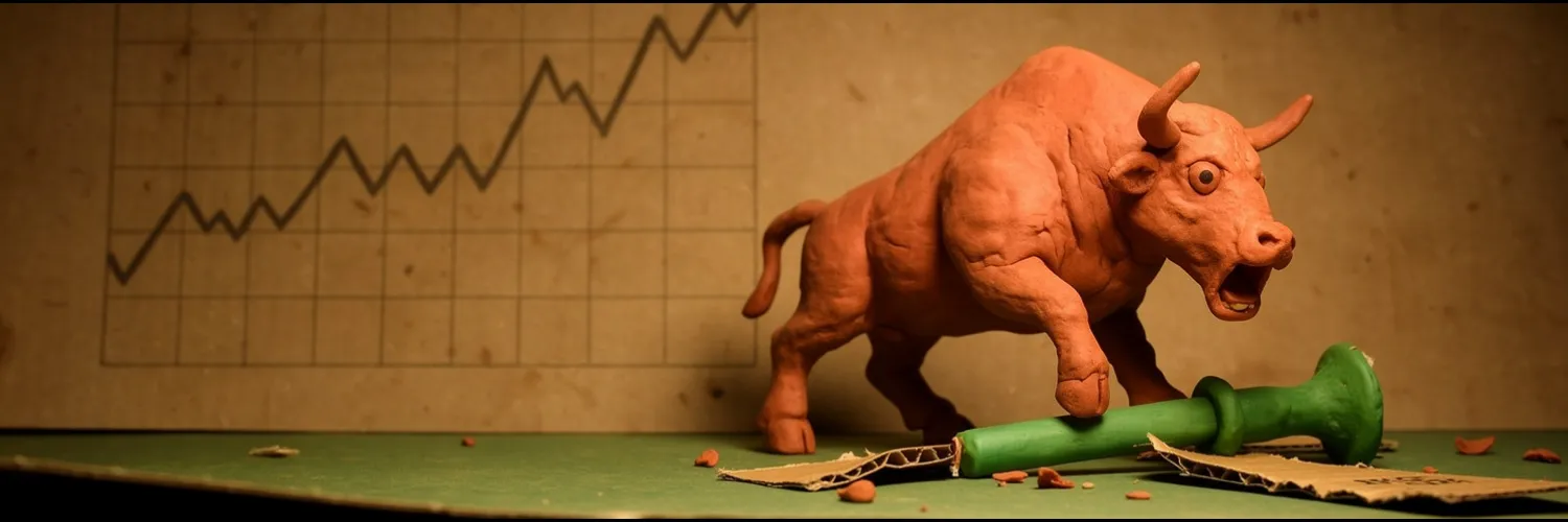 The clay bull after the take, green candle knocked flat on the felt, clay crumbs everywhere